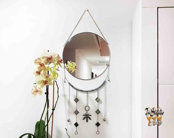 Boho geometric circle mirror for wall with stained glass pendants