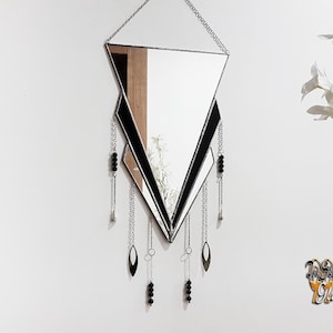 Bohemian black triangular wall mirror with pendants, scandinavian hanging decor, gothic ornate mirror