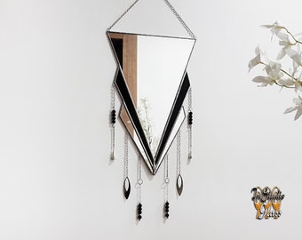 Bohemian black triangular wall mirror with pendants, scandinavian hanging decor, gothic ornate mirror