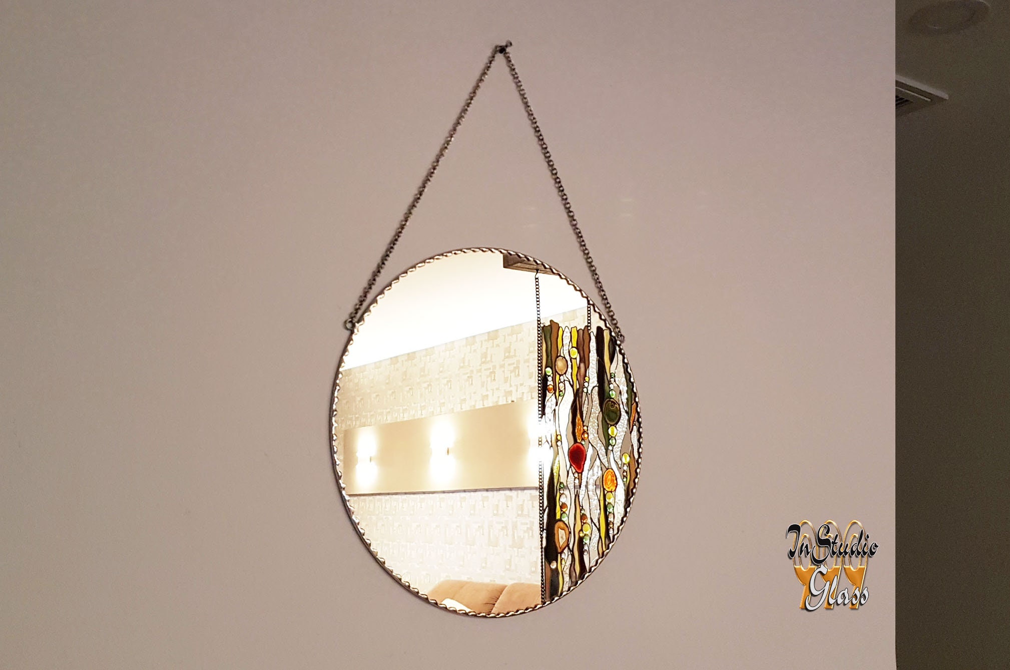 Round wall mirrorchain minimalistic decor stained glass Etsy