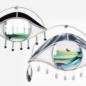 Boho stained glass eye mirror, decorative evil eye decor, all seeing eye black mirror
