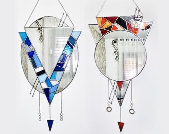 Art Deco Stained Glass Mirror: Triangular Oval with Pendants
