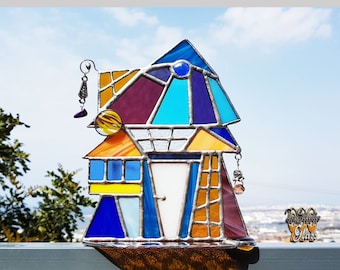 Stained glass fairy house candle holder lantern