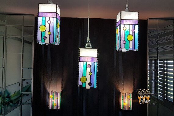 Set Of 3 Ceiling Lights And 2 Wall Night Lights Bedroom Ornament Lamp Wall Hanging Ceiling Lighting Stained Glass Lamp Bedside Art