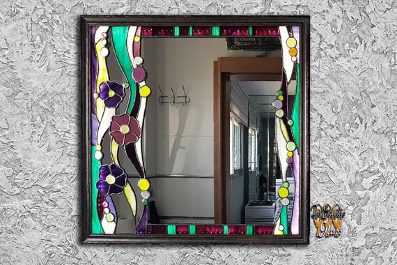 Large Mirror With Lights And Flower Pattern Fl Bathroom Decor Stained Glass Art Wall Hanging Bedroom Ornament Entryway Decoration