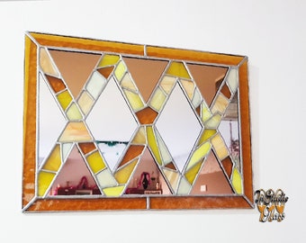 Autumn Splendor: Art Deco Stained Glass Mirror with Zigzag Mosaic - Handcrafted Elegance and Natural Hues for Your Space