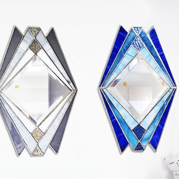 Art deco mirror, blue diamond shape from stained glass, geometric wall art and decor