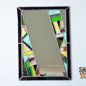 Mosaic abstract wall mirror, art deco stained glass mirror, framed vintage mirror art