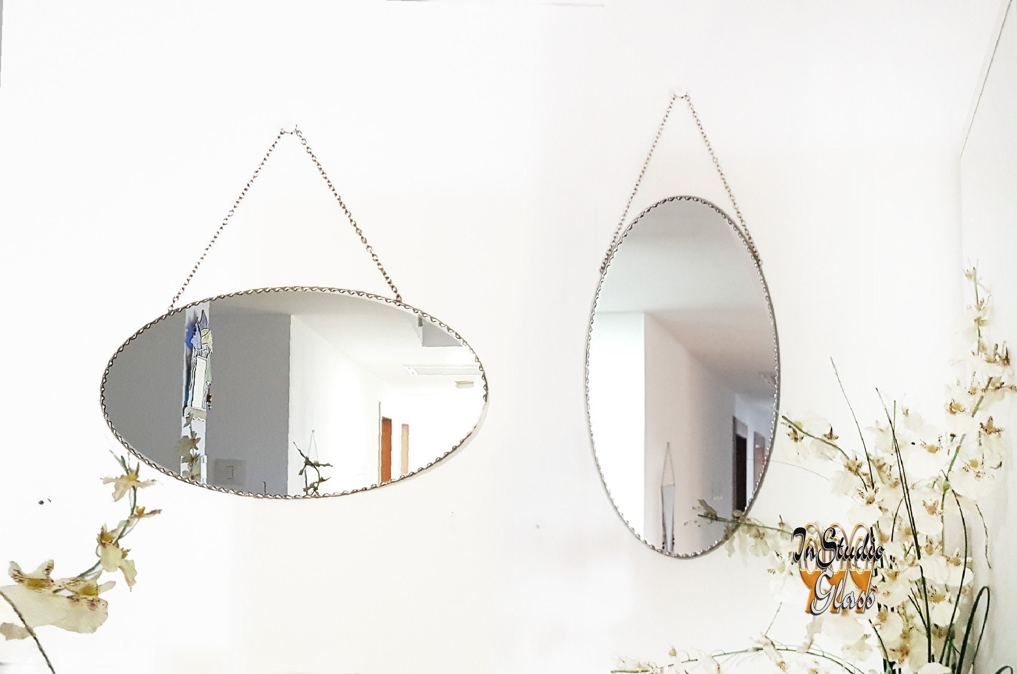 Bohemian oval mirror with chain, minimal boho decor, wall mirror art