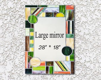 Large Art Deco Stained Glass Wall Mirror | Multicolored Geometric Design