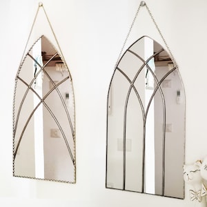 Window-arch decorative cathedral  gothic mirror, minimalist Wiccan stained glass mirror.