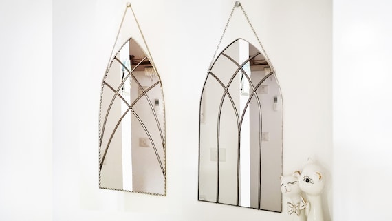 Window-arch decorative cathedral  gothic mirror, minimalist Wiccan stained glass mirror.