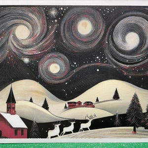 Stunning Winter Night Holiday Cards!  Vintage-inspired snowy landscape with swirling stars. Includes envelopes & sticker seals!