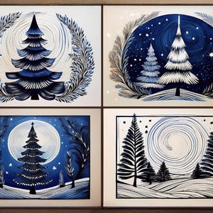 Eleganti biglietti di auguri natalizi nordici Starry Night: 4 disegni di alberi invernali blu e bianchi, vuoti all'interno, con buste. Adesivi opzionali per sigillare!