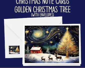 Starry Night Card Set with  Deer, Snow, and Golden Trees -Gift Boxed- Stickers Available