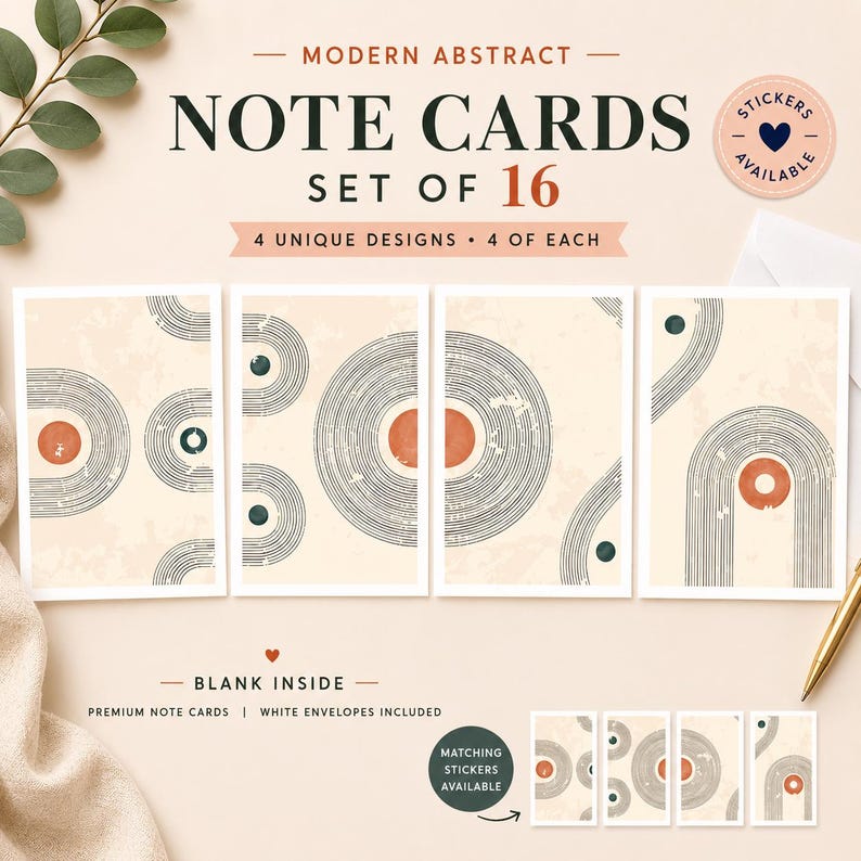 Modern Abstract Note Cards Set, Mid-century Geometric Stationery, Blank ...