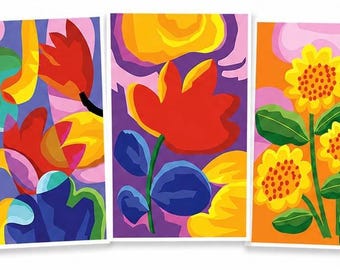 Mid-Century Modern Floral Note Cards: Abstract Art Stationery- Bright Cheery.
