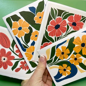 Conjunto de cartões florais modernos de meados do século – 5 ou 14 cartões e envelopes em branco. Arte botânica retrô com adesivos opcionais. Pronto para presente!