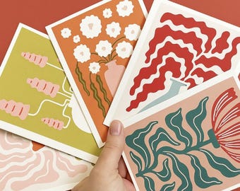 Mid-Century Modern Floral Notecard Set – 16 Blank Cards with Envelopes with Abstract Designs. Perfect for Thank You Notes & Gifts!