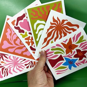 Ensemble de cartes pour notes florales modernes Mid-Century - Des motifs floraux abstraits audacieux avec des enveloppes d'autocollants en option. Parfait pour les cadeaux - usage personnel !