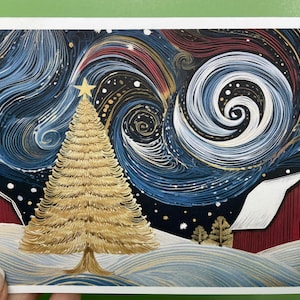 Tarjetas navideñas de arte popular escandinavo: diseño de árbol dorado y noche estrellada. En caja de regalo, en blanco o personalizadas. ¡Pegatinas disponibles!