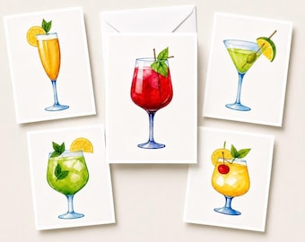 Modern Cocktail Note Cards | Watercolor Drink Stationery Set (14 Cards)