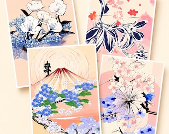 Conjunto de Cartões de Anotações com Estampa Floral Japonesa: Artigos de Papelaria dos Anos 1960 com Envelopes