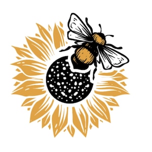 Peut inclure: Une illustration en noir et blanc d'une abeille pollinisant un tournesol. L'abeille vole vers le centre du tournesol, qui a des pétales jaunes et un centre noir et blanc.