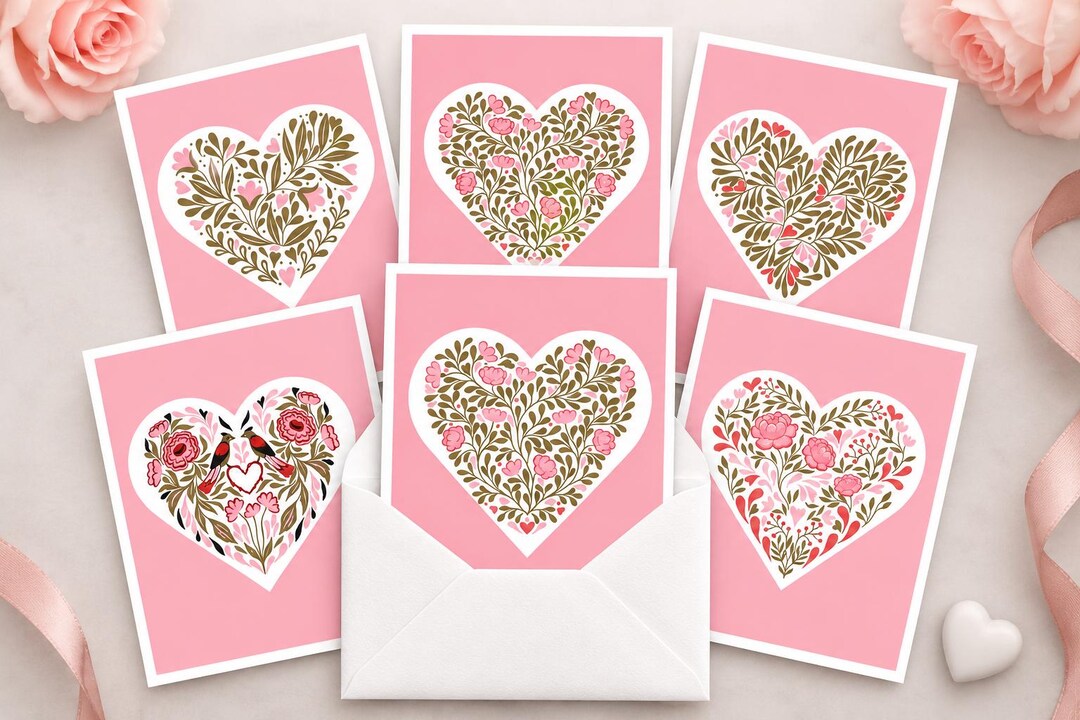 Romantic Floral Heart Note Cards Set | Pink Botanical Love Stationery ...