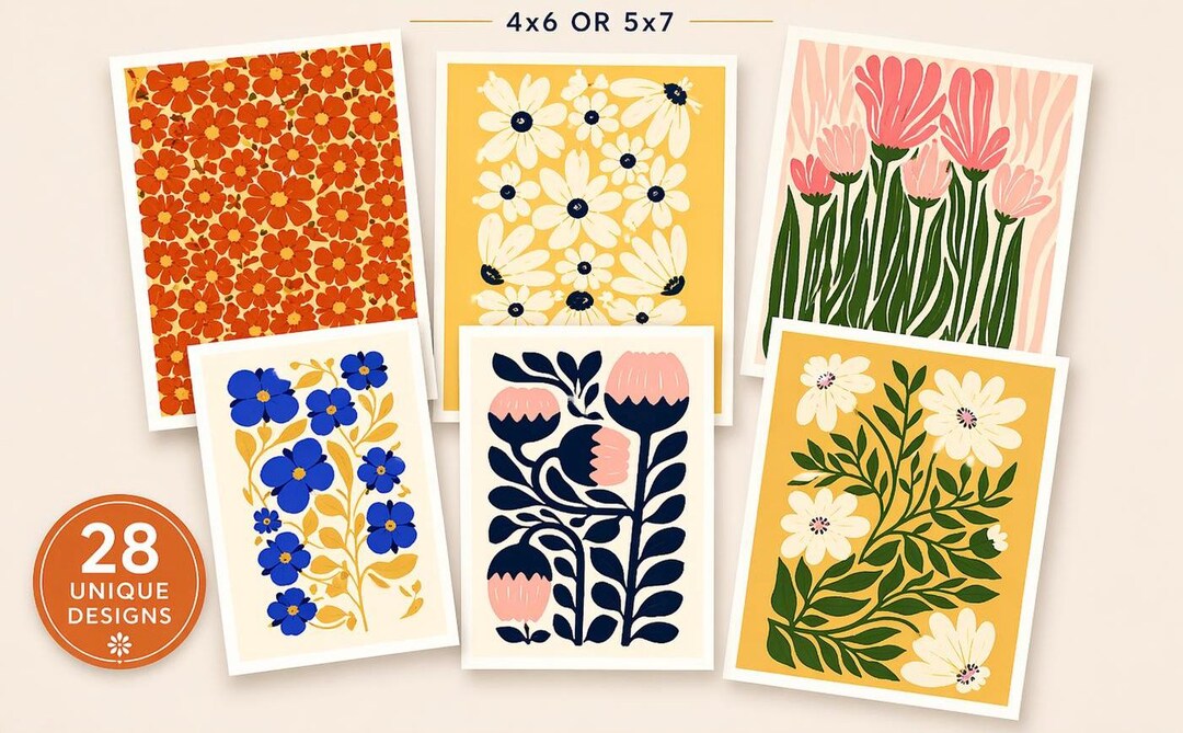 Set of 28 Mid-century Modern Floral Postcards – Artistic Stationery Set ...