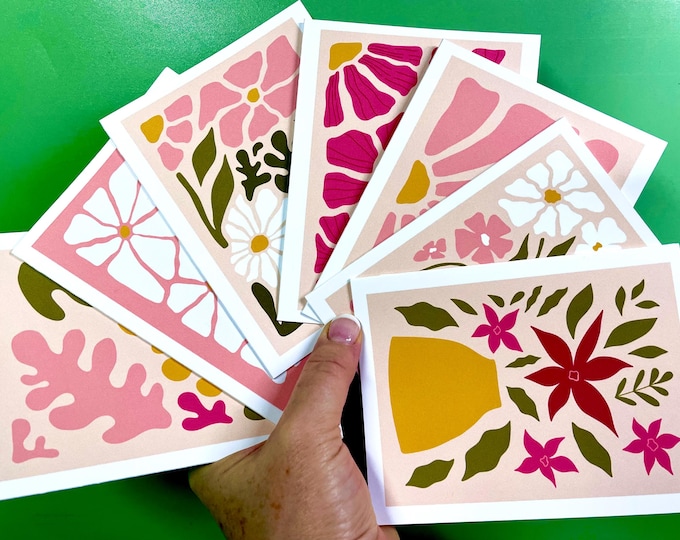Featured listing image: Pink Boho Floral Note Card Set  Retro-inspired, blank inside, includes envelopes & optional stickers. Perfect for thank-you notes  gifts!