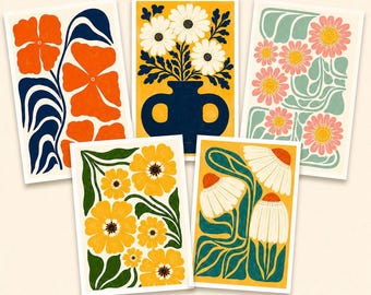 Vintage Floral Note Cards – Mid-Century Modern Designs, Set of 28 (A2 Size)