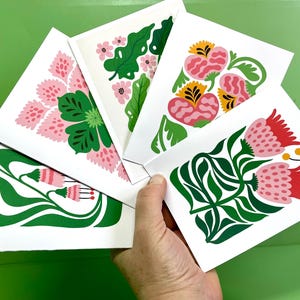 Mid-Century Modern Florale Grußkarten - Elegant & lebendig, erhältlich in Sets von 5 oder 14 mit Umschlägen. Optionale Aufkleber erhältlich!