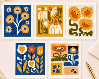 A2 Mid Century Modern Floral Note Cards Set with Envelopes & Stickers