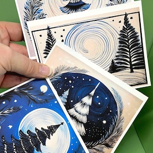 Kerstkaarten met sterrenhemel: ontwerp Scandinavische winterboom: 4 unieke afbeeldingen. Inclusief witte enveloppen