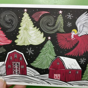 Skandinavische Volkskunst Weihnachtskarten – festliche Grußkarten mit Weihnachtsmann, Tannenbäumen und sternenklarer Nacht. Geschenkverpackung und leere Innenseite zur Personalisierung!