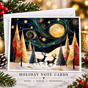 Woodland Deer Christmas Cards – Winter Night Sky Notecard Set - Personalization Available