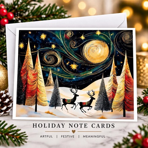 Woodland Deer Christmas Cards – Winter Night Sky Notecard Set - Personalization Available