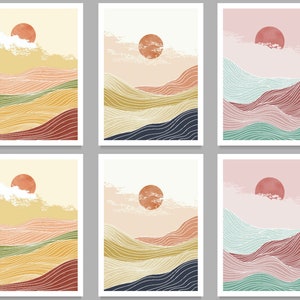 Notitiekaartenset Mountain Waves – abstract landschap in Japanse stijl, met enveloppen, in geschenkverpakking voor een serene uitstraling van het briefpapier. Stickers beschikbaar
