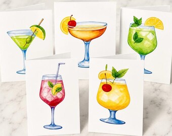 Conjunto de 14 cartões de agradecimento com tema de coquetéis – Cartões modernos em aquarela tamanho A2 com envelopes brancos | Adesivos combinando disponíveis