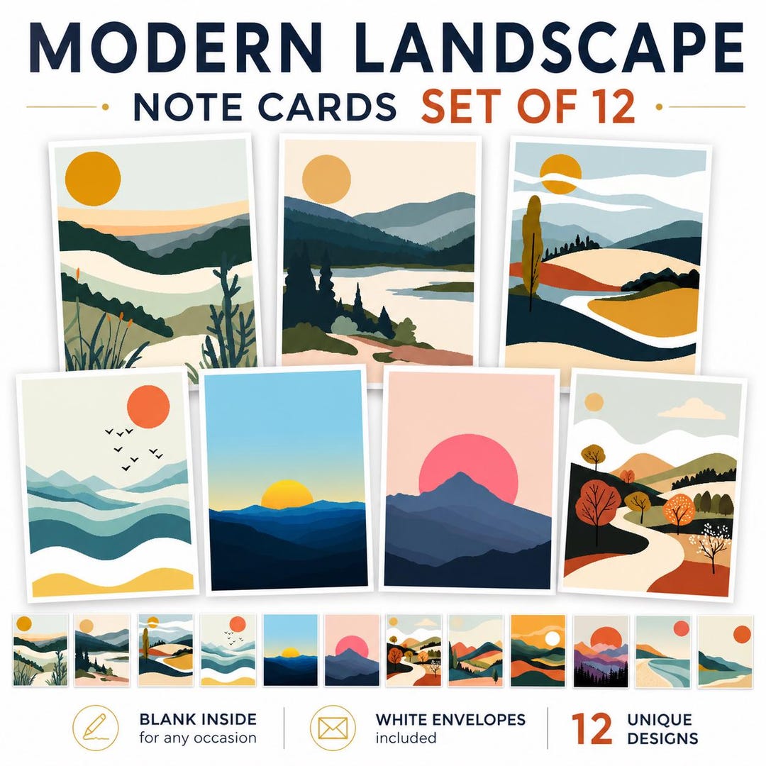 Modern Landscape Note Card Set of 12, Mid Century Mountain Stationery ...