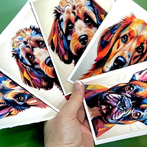 Scegli il tuo animale domestico! Biglietti d'auguri personalizzati con cani Cubist - Scegli la tua razza - Chiedi a Custom Breed! Set di 8 biglietti d'auguri astratti con animali domestici, in scatola e buste.