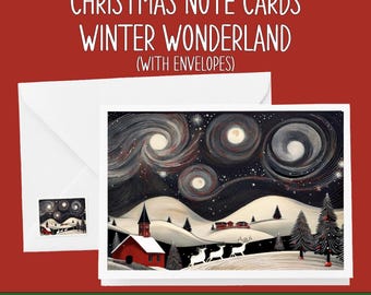 Vintage Winter Night Holiday Cards: Snowy Landscape with Envelopes