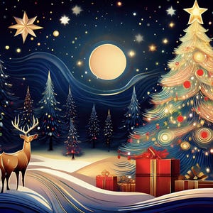 Skandinavische Folklore Weihnachtskarten – festliches Grußkarten Set mit dem Weihnachtsmann, Tannenbäumen und sternenklarer Nacht. Geschenk verpackt mit Umschlägen. Optional Aufkleber!