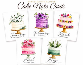 Birth Month Flower Cake 12 Note Card Set, Watercolor Floral Stationery, Blank Cards w/ Envelopes- Stickers Available!