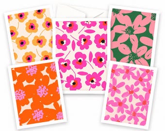 14 Modern Floral Note Cards, Abstract Mid Century Stationery Set, Blank Colorful Cards
