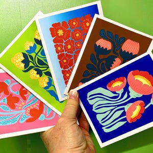 Cartões comemorativos florais brilhantes exclusivos de meados do século com envelopes e adesivos 14 imagens exclusivas - Escolha sua quantidade!