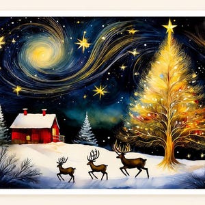 Könnte beinhalten: Ein digitaler Kunstdruck einer verschneiten Winterlandschaft bei Nacht mit einer roten Hütte, drei Hirschen im Schnee und einem großen, leuchtenden goldenen Weihnachtsbaum unter einem wirbelnden, dunkelblauen Sternenhimmel.