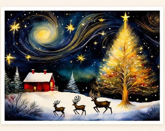 Christmas Cards with Envelopes – Deer Golden Tree Snowy Night Holiday Notecard Set | Personalized, Bulk