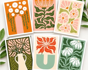 Modern Floral Note Cards Set | Mid Century Botanical Greeting (16 Cards)